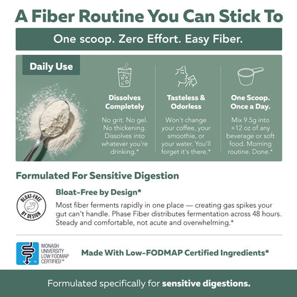 Phase Fiber Prebiotic Powder for Complete Gut & Digestion Support, Low FODMAP Certified Ingredients, Triple Phase Fermentation, Clinically Studied for Sensitive Digestion, Vegan (30 Servings)