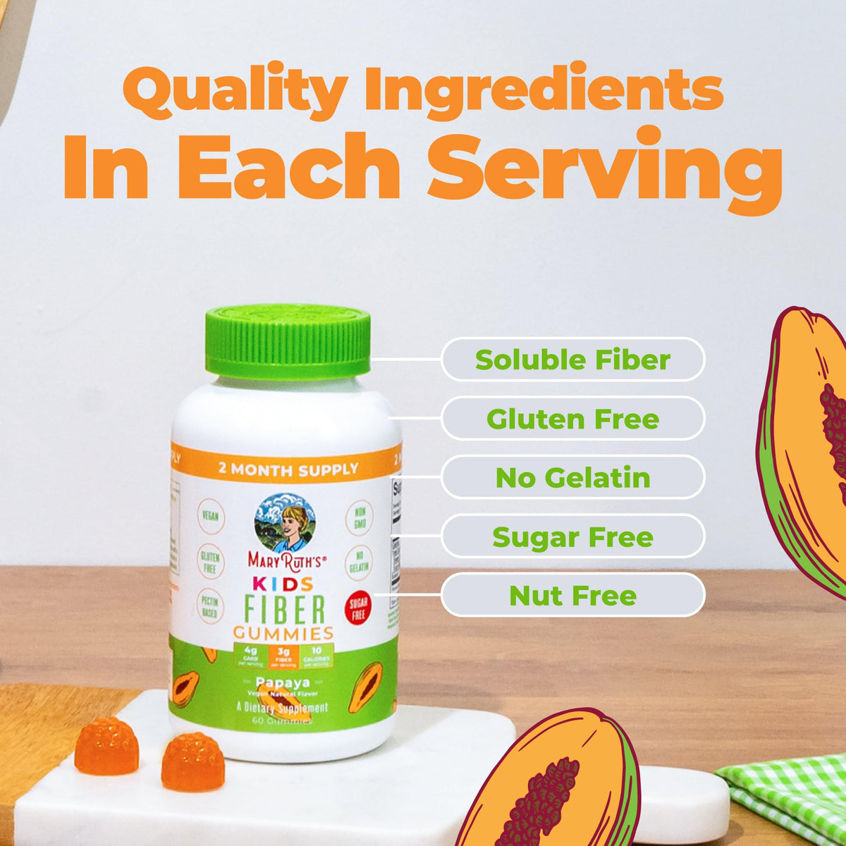 MARYRUTH'S Fiber Gummies for Kids - 2 Month Supply - Sugar Free - Kids Fiber Gummies Ages 4+ - Soluble Fiber Supplement - Gut Health & Digestion Support - 3g Fiber per Gummy - Vegan - 60 Count