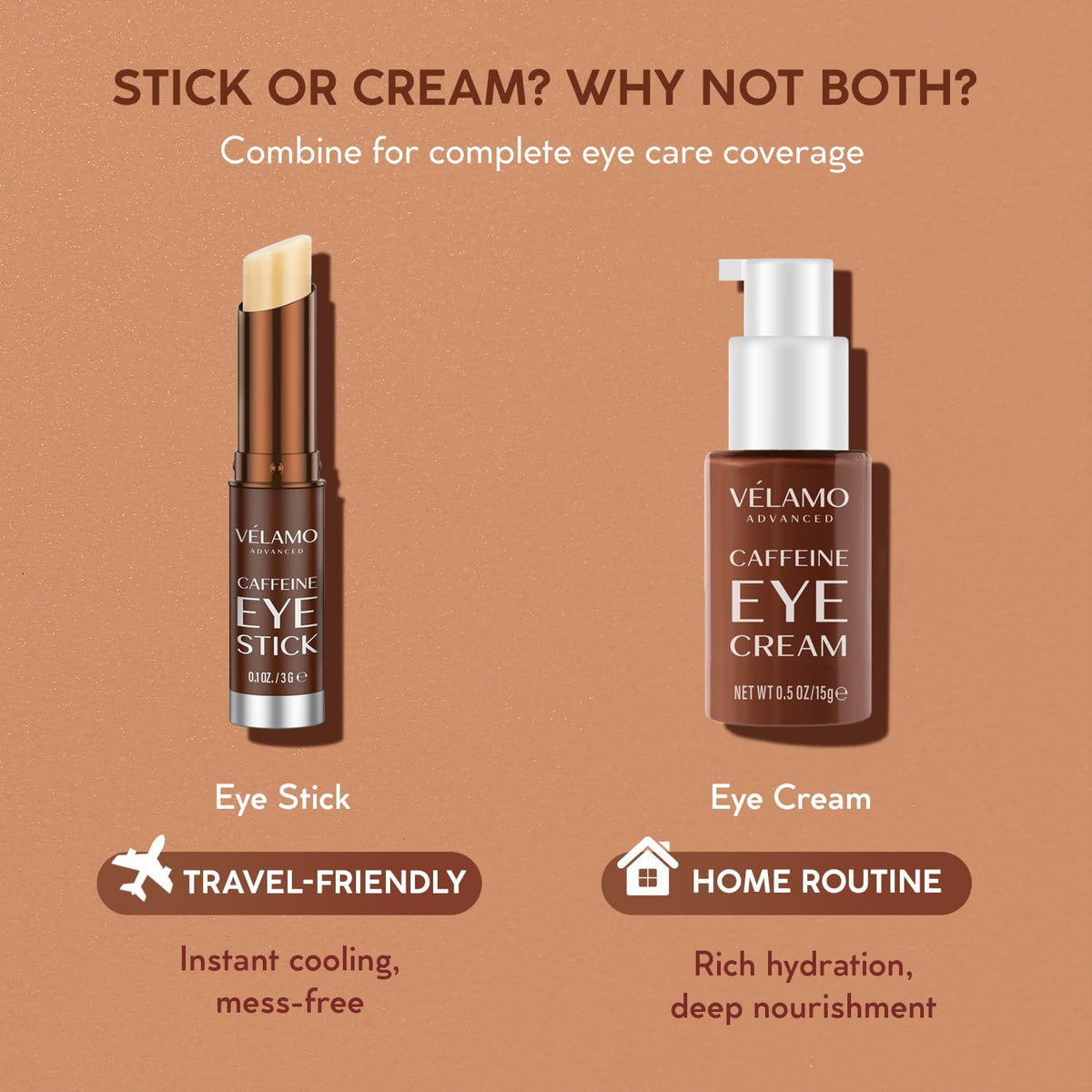VELAMO Advanced Caffeine Eye Stick - Energizing & Hydrating Under Eye Balm for Dark Circles & Puffiness - Portable Travel Eye Treatment (0.1 oz / 3g)