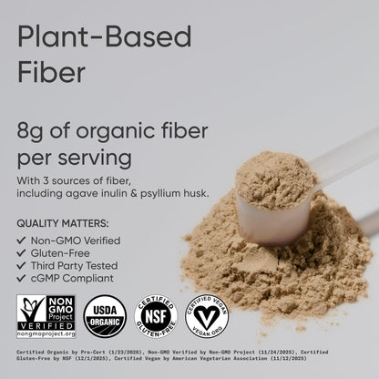 Sports Research Organic Fiber Unflavored - Organic Fiber Powder - Daily Psyllium Husk and Prebiotic Agave Inulin, Helps Maintain Regularity* with Soluble & Insoluble Fiber - Easy to Mix, 30 Servings