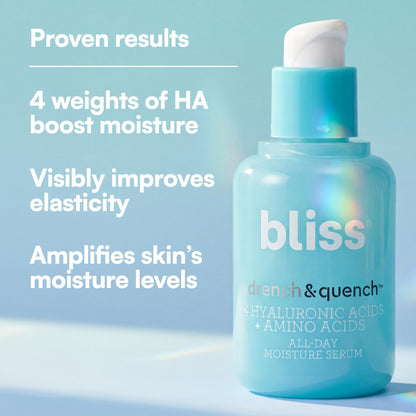 Bliss Drench & Quench Hyaluronic Acid Serum - Hydrating Face Serum with Amino Acids - Deep Moisture, Plumps & Smooths Dry, Sensitive Skin - 1 Fl Oz
