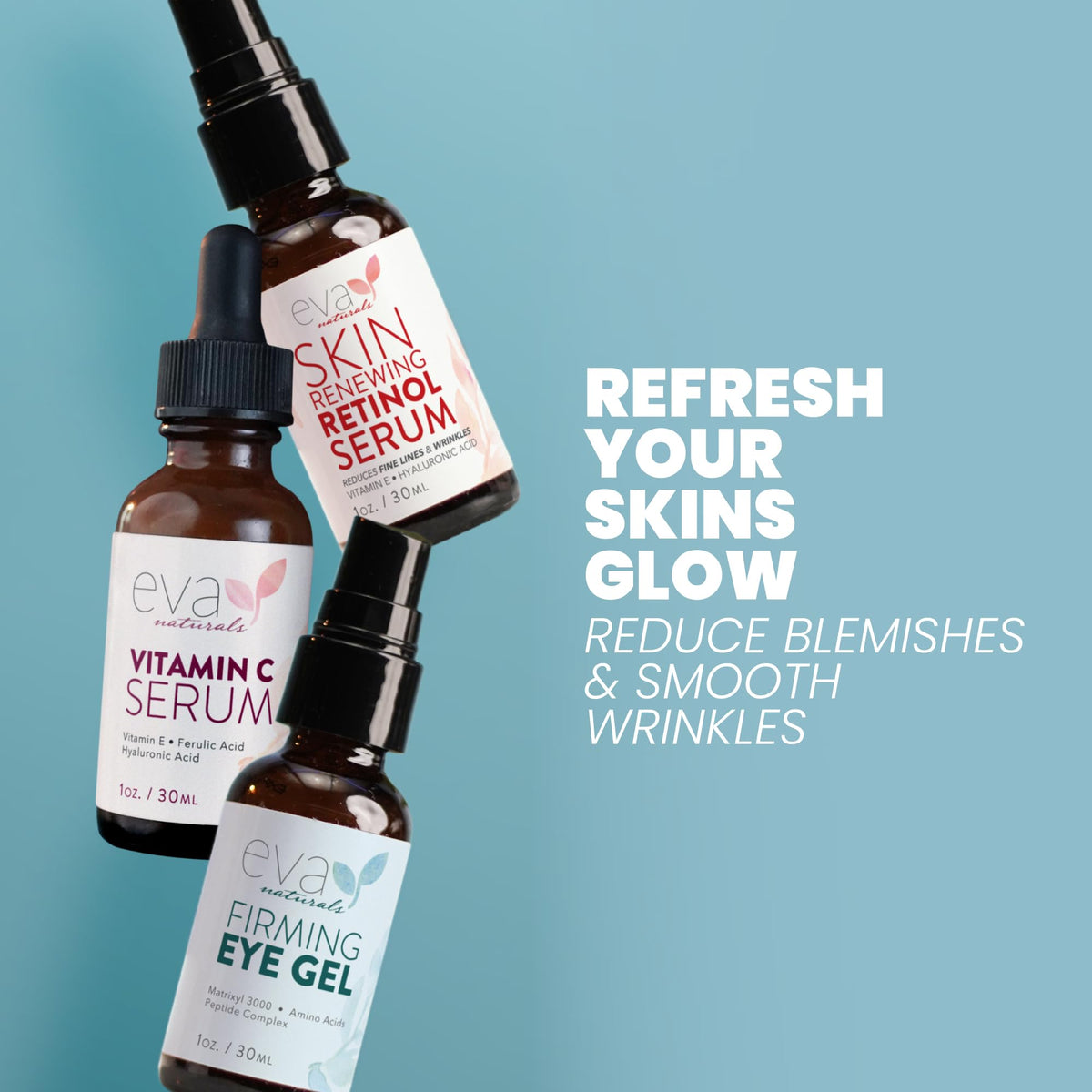 Eva Naturals Facelift in a Bottle Serum Set - Vitamin C, Retinol & Peptide Eye Gel - Firming & Anti-Wrinkle Skincare Kit (3 Pcs)