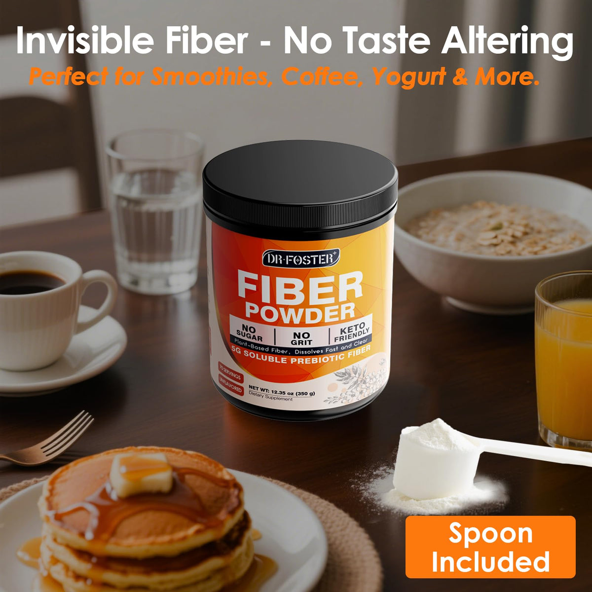 DRFOSTER Prebiotic Fiber Powder Unflavored - Soluble Fiber Supplement with Acacia Fiber & Inulin Powder for Digestive Health and Regularity - 5g Per Scoop, 70 Servings - Gluten & Sugar Free, Vegan