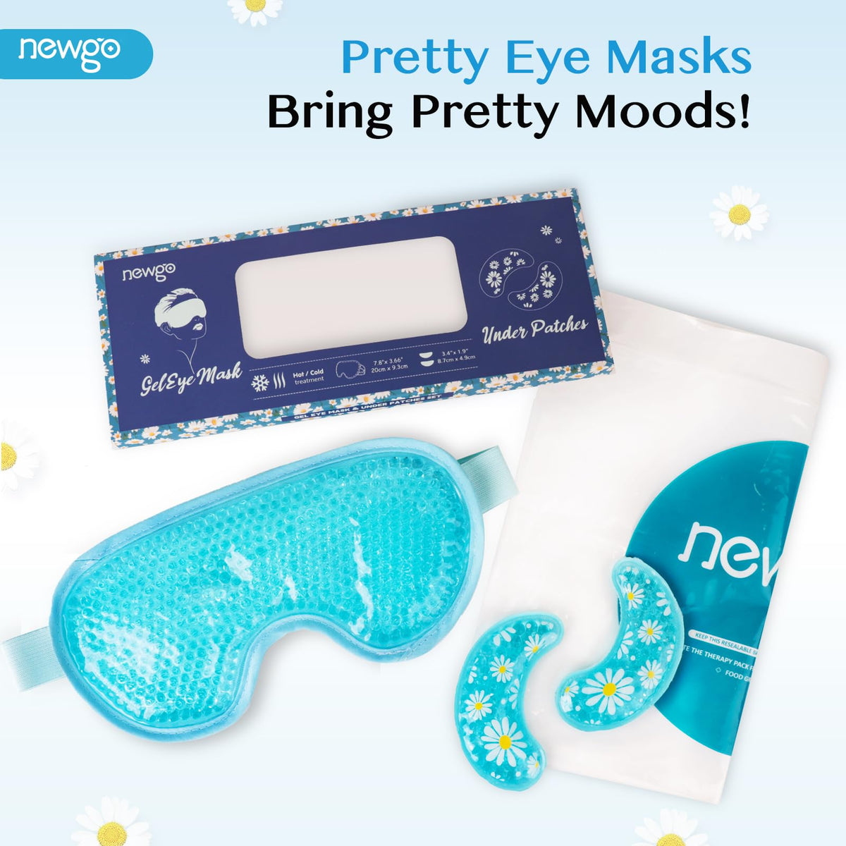 NEWGO Cooling Eye Mask with Gel Eye Pad - Cold Ice Pack for Puffy Eyes, Dark Circles, Headache & Stress Relief (Blue Set)