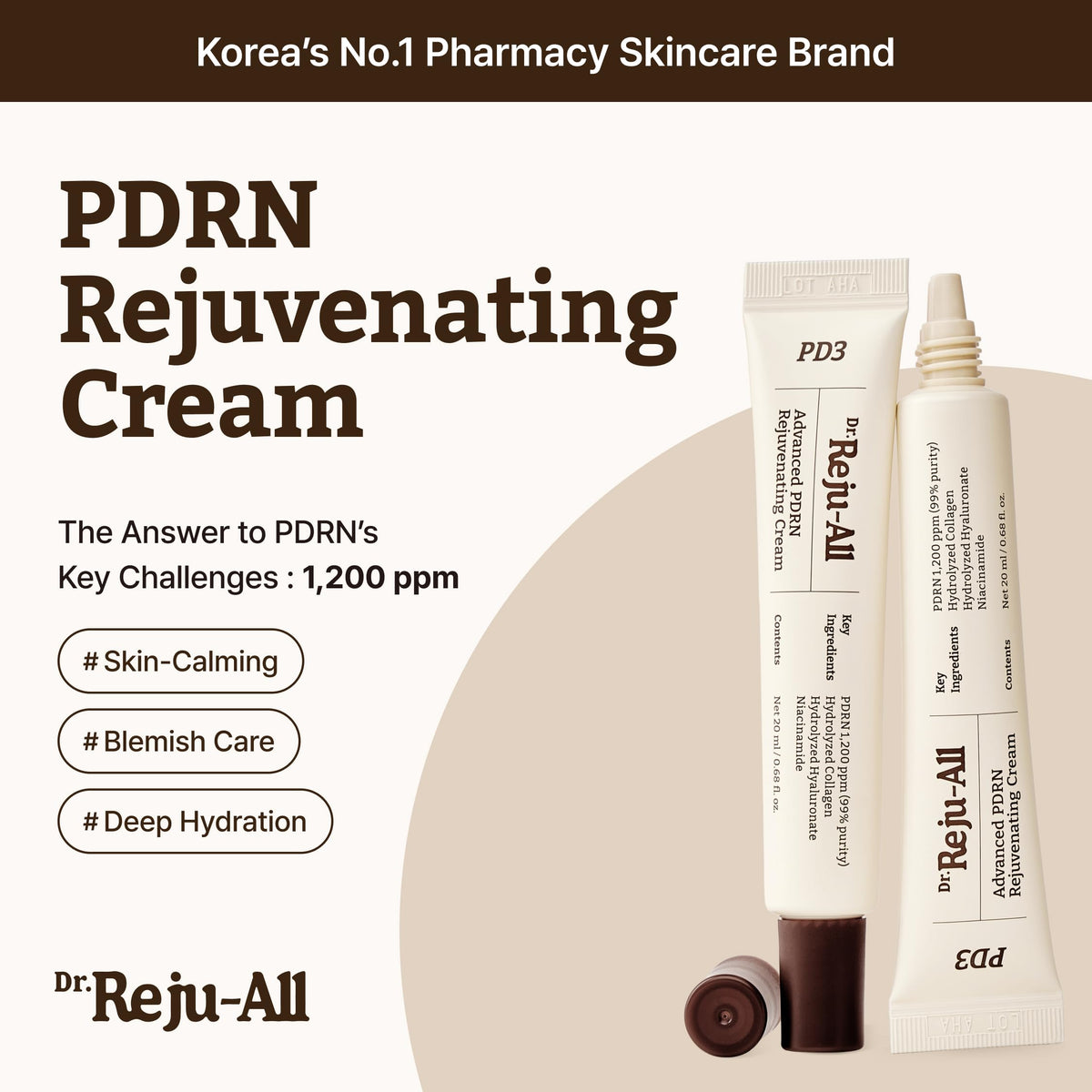 Dr.Reju-All PDRN Rejuvenating Cream - Rejuall PDRN Face Moisturizer - Optimal 1200ppm for Glass Skin & Plumping - Korean Pharmacy Anti-Aging Skin Care Face Cream - 0.7 Fl Oz