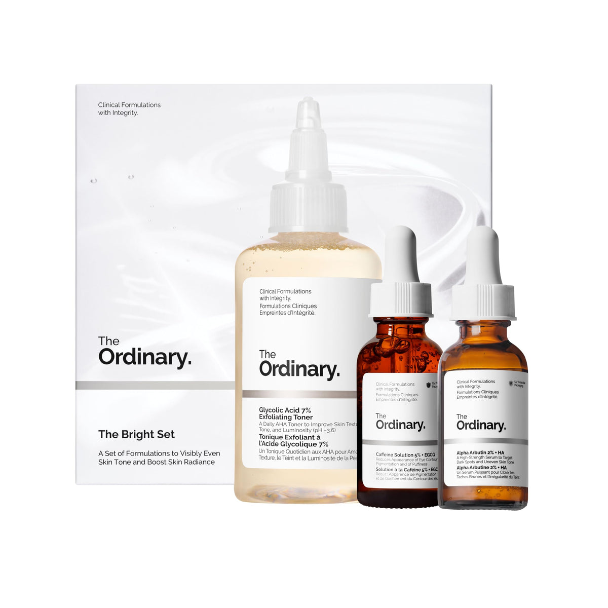 The Ordinary The Bright Set, 3-Step Regimen for Radiant, Even Skin Tone with Glycolic Acid 7% Exfoliating Toner, Alpha Arbutin 2% + HA, and Caffeine Solution 5% + EGCG - Skin Care Set