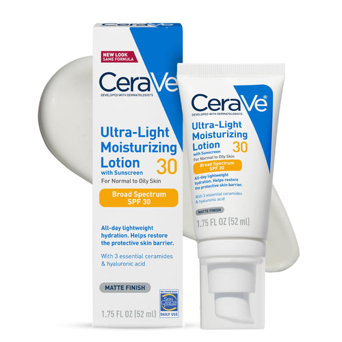 CeraVe Ultra-Light Moisturizing Lotion With SPF 30, Daily Face Moisturizer with SPF, Formulated with Hyaluronic Acid & Ceramides, Broad Spectrum SPF, Oil Free, Matte Finish, 1.7 Ounce