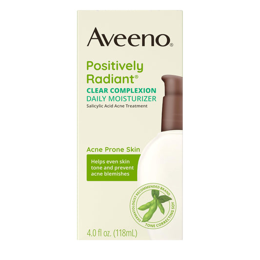 Aveeno Positively Radiant Clear Complexion Face Moisturizer, Acne Facial Moisturizer with Soy and Salicylic Acid for Oily Skin, Hypoallergenic Formula, Paraben-Free, Non-Comedogenic, Pump, 4 FL OZ