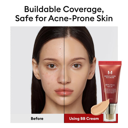 MISSHA M Perfect Cover BB Cream No.25 Warm Beige - Medium with Warm Undertone SPF 42 PA +++ 1.69 Fl Oz - Tinted Moisturizer for face with SPF