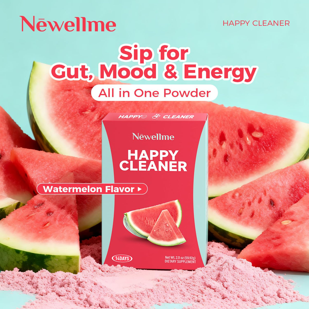NEWELLME Happy Cleaner Digestive Supplement Powder, Gut Health Drink Mix with Probiotics, Digestive Enzymes & Fiber, Supports Digestion and Bloating, Watermelon Flavor, 14 Sachets
