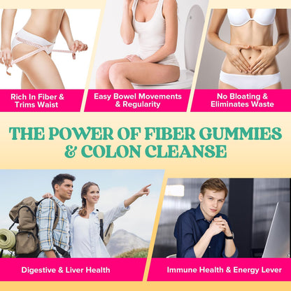 Yusnkioin Fiber Gummies & Colon Gentle Cleanse - 180 Soft Chews Fiber Gummies for Adults, 50 B Probiotics, Psyllium Husk & Senna - Colon Detox Cleanse for Gut Health, Regularity & Bloating Relief