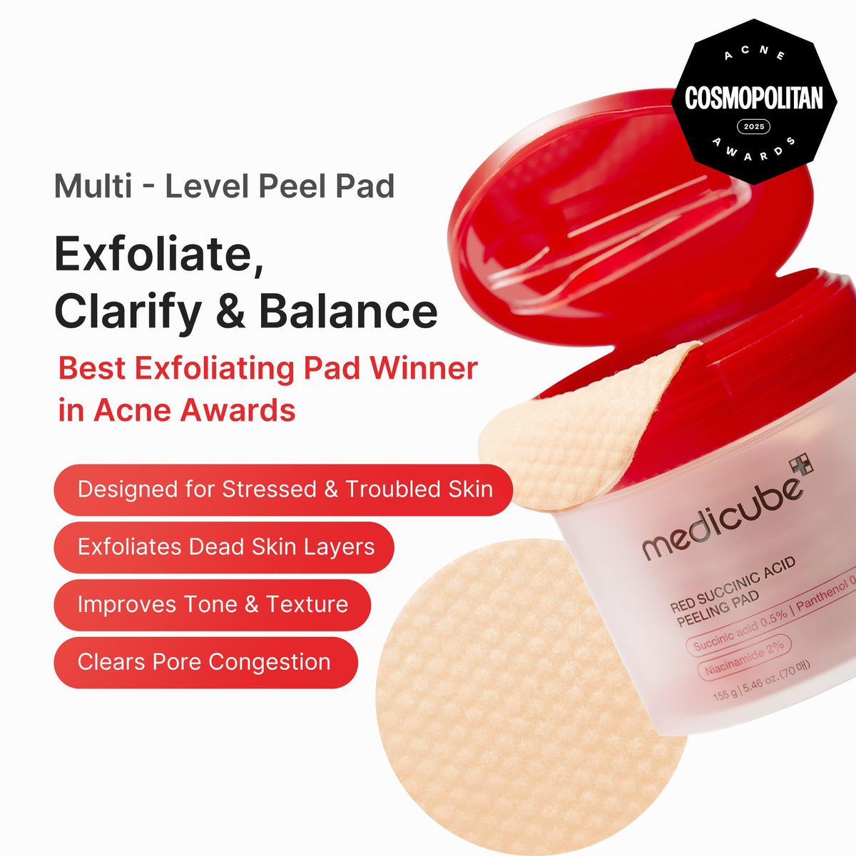 medicube Toner Pads Red Succinic Acid Panthenol Facial Peeling Pad - Exfoliating Toner Pad for Breakout-Prone Skin - Niacinamide, AHA, BHA, and Soothing Panthenol - Non-Comedogenic, 70 Pads (1 Pack)
