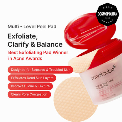 medicube Toner Pads Red Succinic Acid Panthenol Facial Peeling Pad - Exfoliating Toner Pad for Breakout-Prone Skin - Niacinamide, AHA, BHA, and Soothing Panthenol - Non-Comedogenic, 70 Pads (1 Pack)