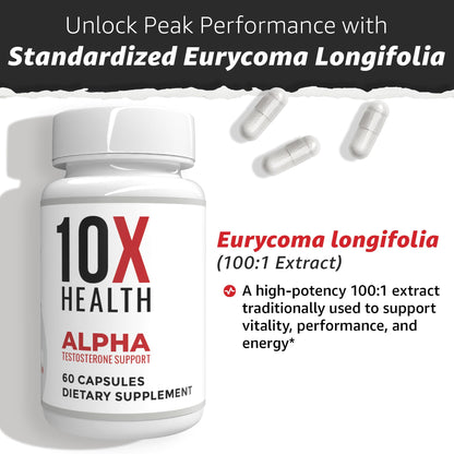 10X Health Alpha Testosterone Supplement for Men - Tongkat Ali 1000mg Strength, Vitality & Muscle Growth 60 Capsules