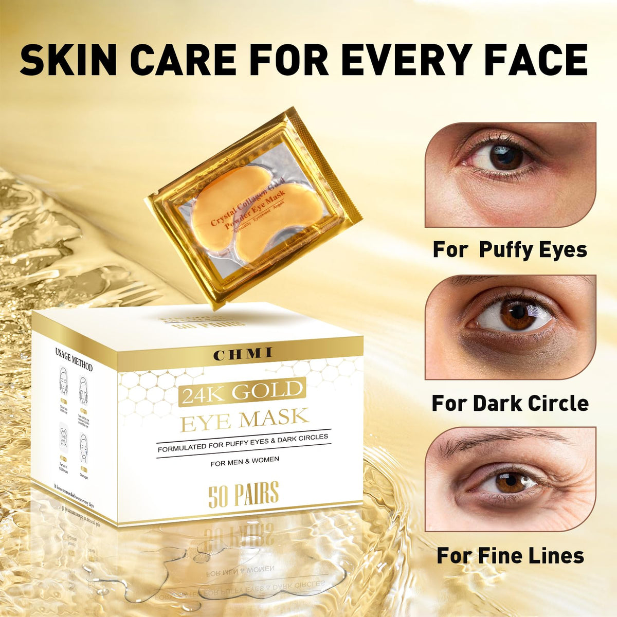 CHMI 24K Gold Under Eye Patches (50 Pairs) - Collagen Eye Masks for Dark Circles, Puffy Eyes, Eye Bags & Wrinkles - Hydrating Anti-Aging Eye Gel Pads