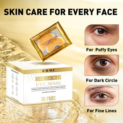 CHMI 24K Gold Under Eye Patches (50 Pairs) - Collagen Eye Masks for Dark Circles, Puffy Eyes, Eye Bags & Wrinkles - Hydrating Anti-Aging Eye Gel Pads