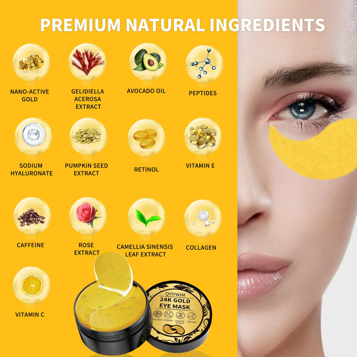 Qyiywim 24K Gold Under Eye Patches - 70 PCS Eye Gel Pads for Dark Circles, Puffiness & Eye Bags