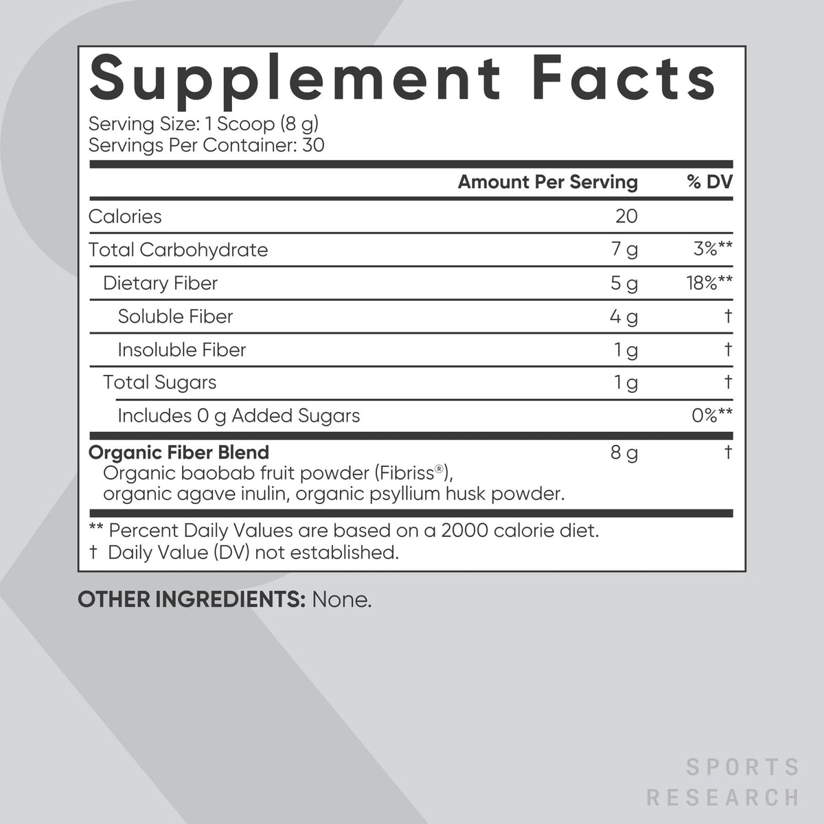Sports Research Organic Fiber Unflavored - Organic Fiber Powder - Daily Psyllium Husk and Prebiotic Agave Inulin, Helps Maintain Regularity* with Soluble & Insoluble Fiber - Easy to Mix, 30 Servings