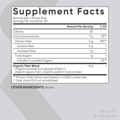 Sports Research Organic Fiber Unflavored - Organic Fiber Powder - Daily Psyllium Husk and Prebiotic Agave Inulin, Helps Maintain Regularity* with Soluble & Insoluble Fiber - Easy to Mix, 30 Servings