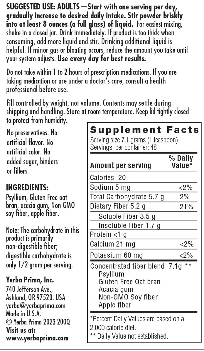 Yerba Prima Daily Fiber Formula Powder - 12 oz - Digestive Support Supplement - Soluble & Insoluble Dietary Fiber Supplement - Vegan, Non-GMO, Gluten-Free
