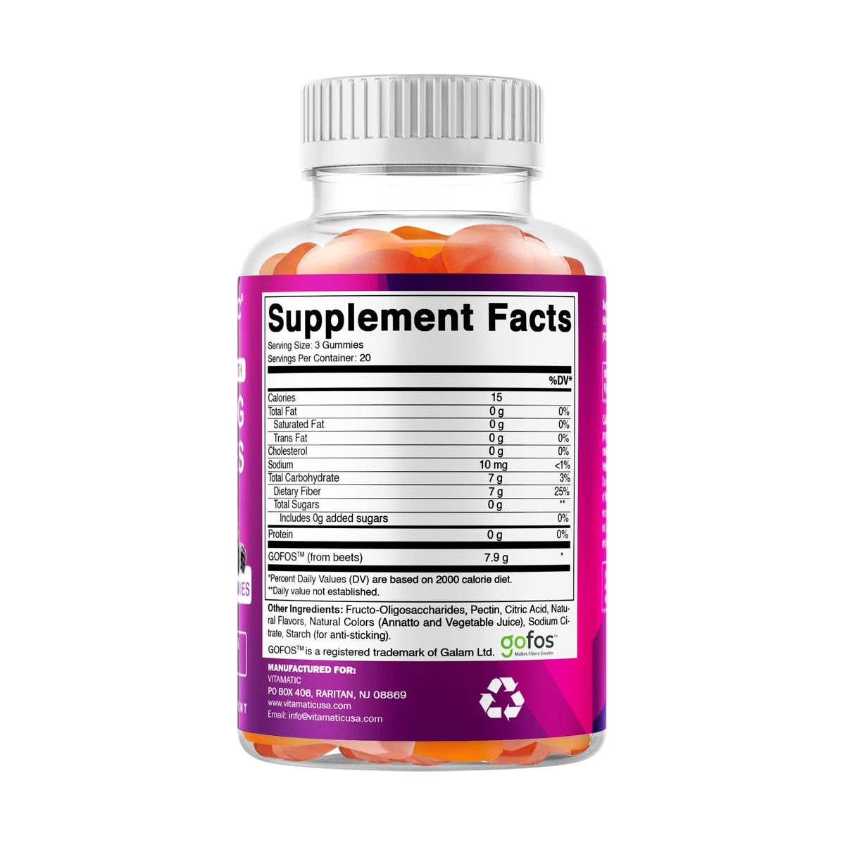Vitamatic Prebiotic Fiber Gummies for Adults - 2 Pack (Total 120 Gummies) 7g Fiber per Serving - Extra Strength - Zero Sugar Added - Pectin-Based - Digestive Health & Regularity Support