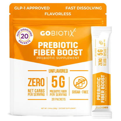 GoBiotix Fiber Supplement Powder with Prebiotics for Digestive Health and GLP-1 Support, Soluble Fiber for Gut Health & Debloat, Keto, Vegan, Gluten & Sugar Free, 20 Servings (Travel)