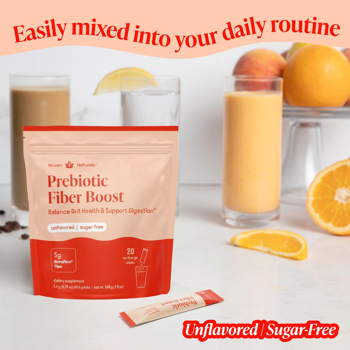 Nuven Naturals Prebiotic Fiber Powder - Unflavored & Sugar Free - Fiber Supplement to Support Digestive Regularity, Gut Health, Bloating & Immune Support - Soluble Prebiotic Powder Daily