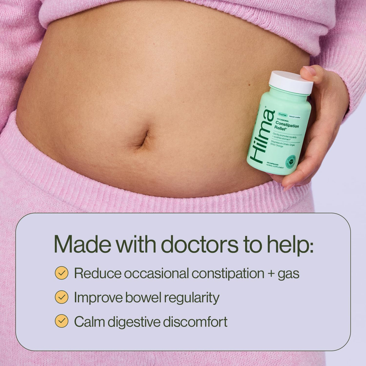 Hilma Gentle Bowel, Occasional Constipation Relief with Magnesium Citrate, Natural and Gentle Laxatives for Constipation w/Magnesium Citrate, Ginger, Anise and Bitter Orange, 46 Vegan Capsules