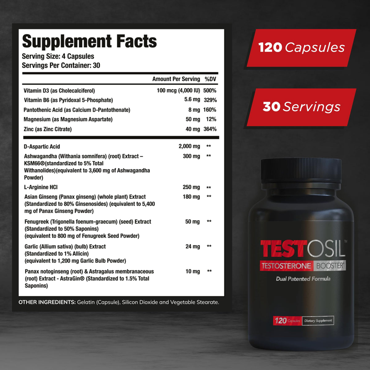 Testosterone Support for Men - Energy, Strength & Muscle Health Formula with KSM-66 Ashwagandha & Fenugreek - Testosil (120 Capsules)