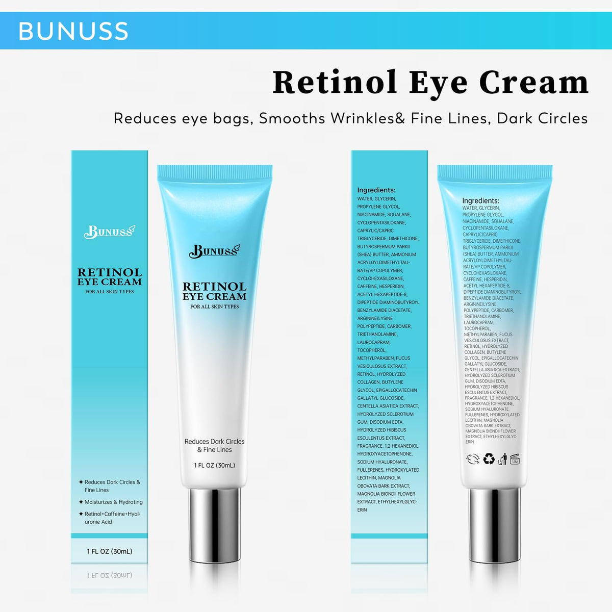 Retinol Anti-Aging Eye Cream for Dark Circles & Puffiness - Firming Eye Treatment with Hyaluronic Acid, Peptides & Caffeine (1 fl. oz.)