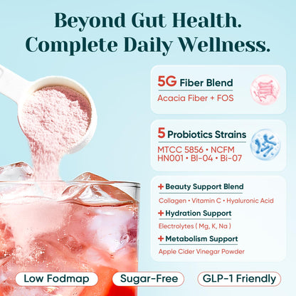 6-in-1 Daily Prebiotic Fiber Powder for Gut & Digestive Health, GLP-1 Friendly, Sugar Free Fiber Supplement Powder with Probiotics, Collagen Peptides & Electrolytes - For Women & Men - 7.8 OZ