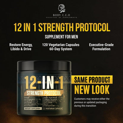 Body C.E.O. 12-in-1 Strength Protocol Testosterone Booster for Men with Shilajit - Ashwagandha, Tongkat Ali & Zinc - Energy, Strength & Vitality Support (120 Capsules)