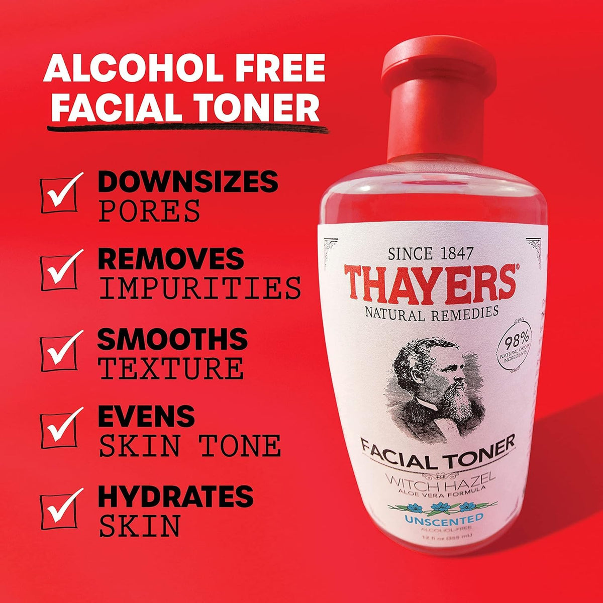 THAYERS Alcohol-Free, Hydrating, Unscented Witch Hazel Facial Toner with Aloe Vera Formula, Vegan, Dermatologist Tested and Recommended, 12 Oz (Pack of 2)