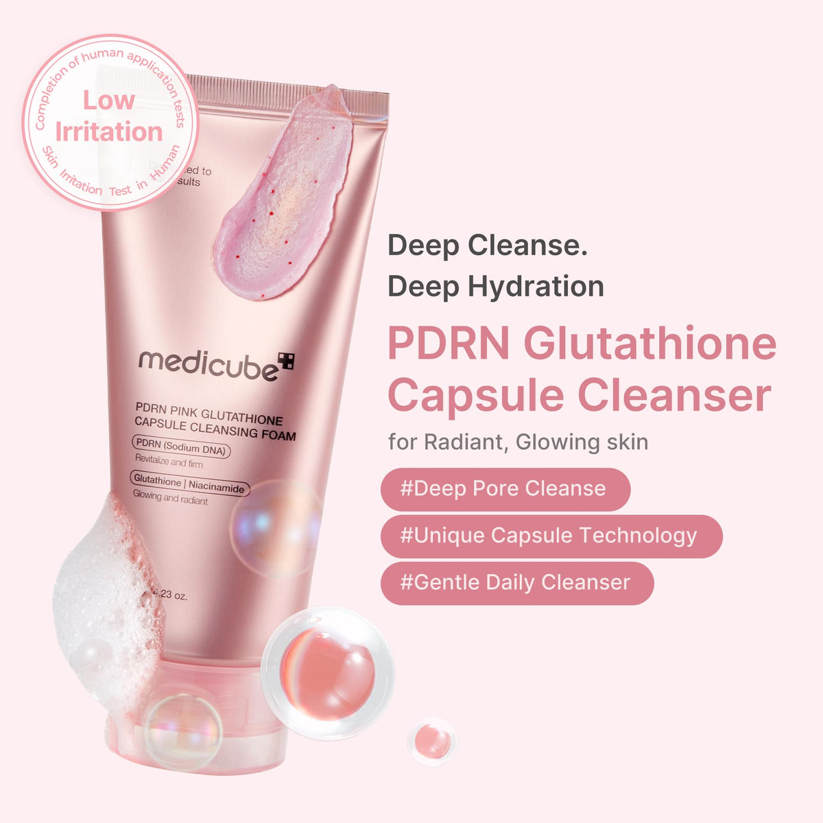 medicube Facial Cleanser PDRN Pink Glutathione Capsule Foam Cleanser - Daily Face Wash for Pore Care, Uneven Skin Tone, Texture - Hydrating & Nourishing Deep Cleansing - Korean Skincare, 4.23 oz