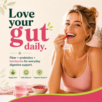 Probiotic Kombucha Fiber Gummies, Prebiotics & Probiotics Digestive Supplement for Bloating, Gut Health, Digestive Balance & Daily Regularity - for Women and Men, Vegan Raspberry Flavor, 120 Count