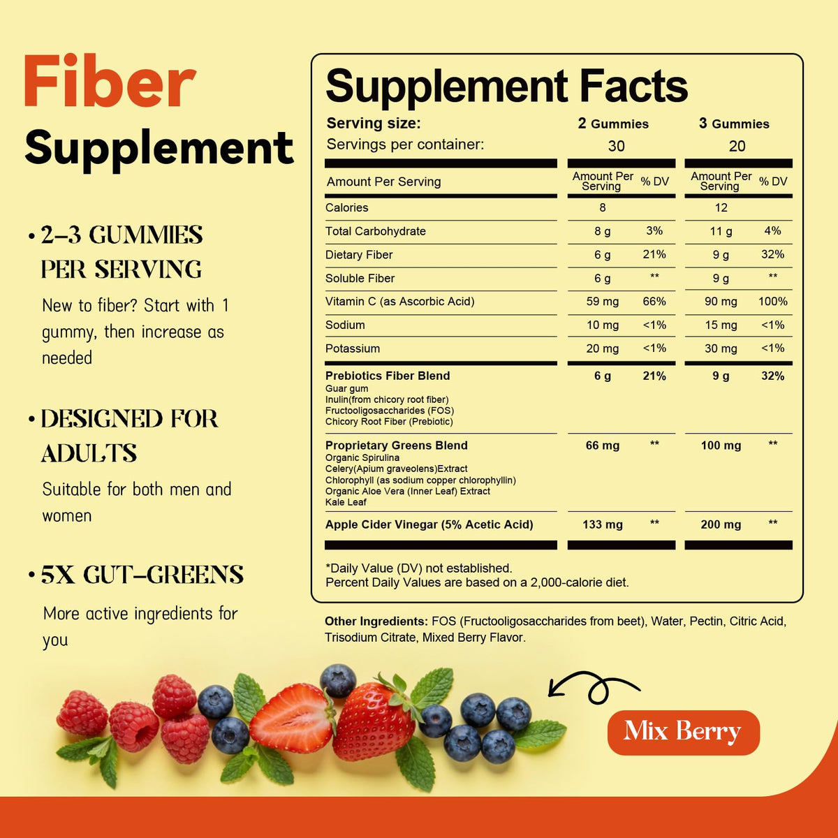 10-in-1 Prebiotic Fiber Gummies for Digestive Health & Regularity - GLP-1 Friendly - No Sugar Added Mixed Berry Flavor with Greens - Daily Supplement for Adults - 60 Count