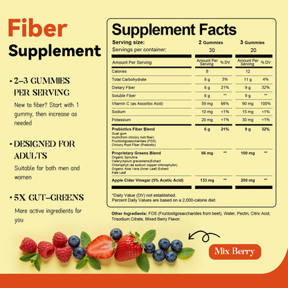10-in-1 Prebiotic Fiber Gummies for Digestive Health & Regularity - GLP-1 Friendly - No Sugar Added Mixed Berry Flavor with Greens - Daily Supplement for Adults - 60 Count