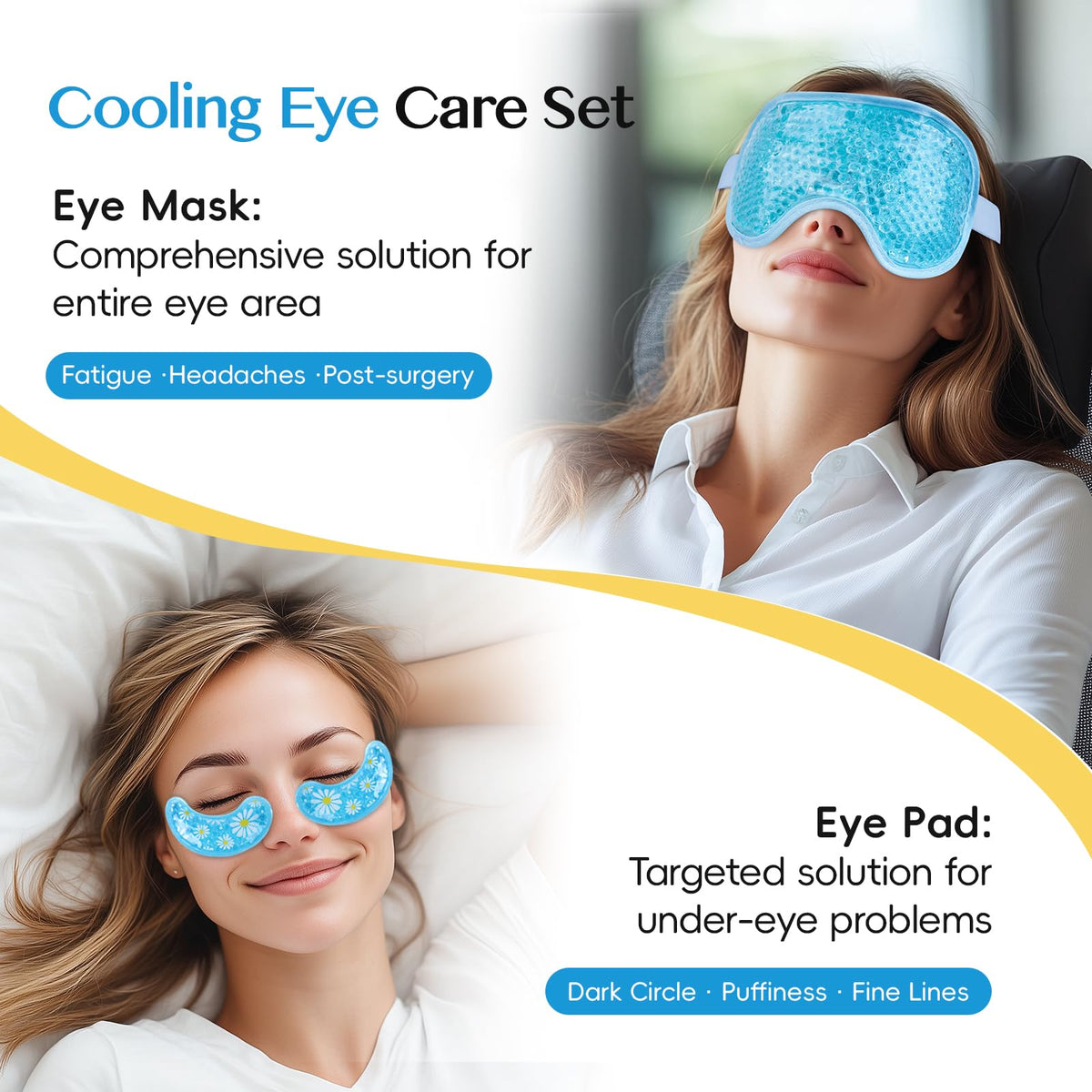 NEWGO Cooling Eye Mask with Gel Eye Pad - Cold Ice Pack for Puffy Eyes, Dark Circles, Headache & Stress Relief (Blue Set)