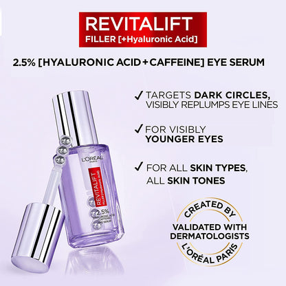 L’Oréal Paris Revitalift Filler Eye Serum (20ml) - 1.5% Hyaluronic Acid & Caffeine with Triple Roller Applicator