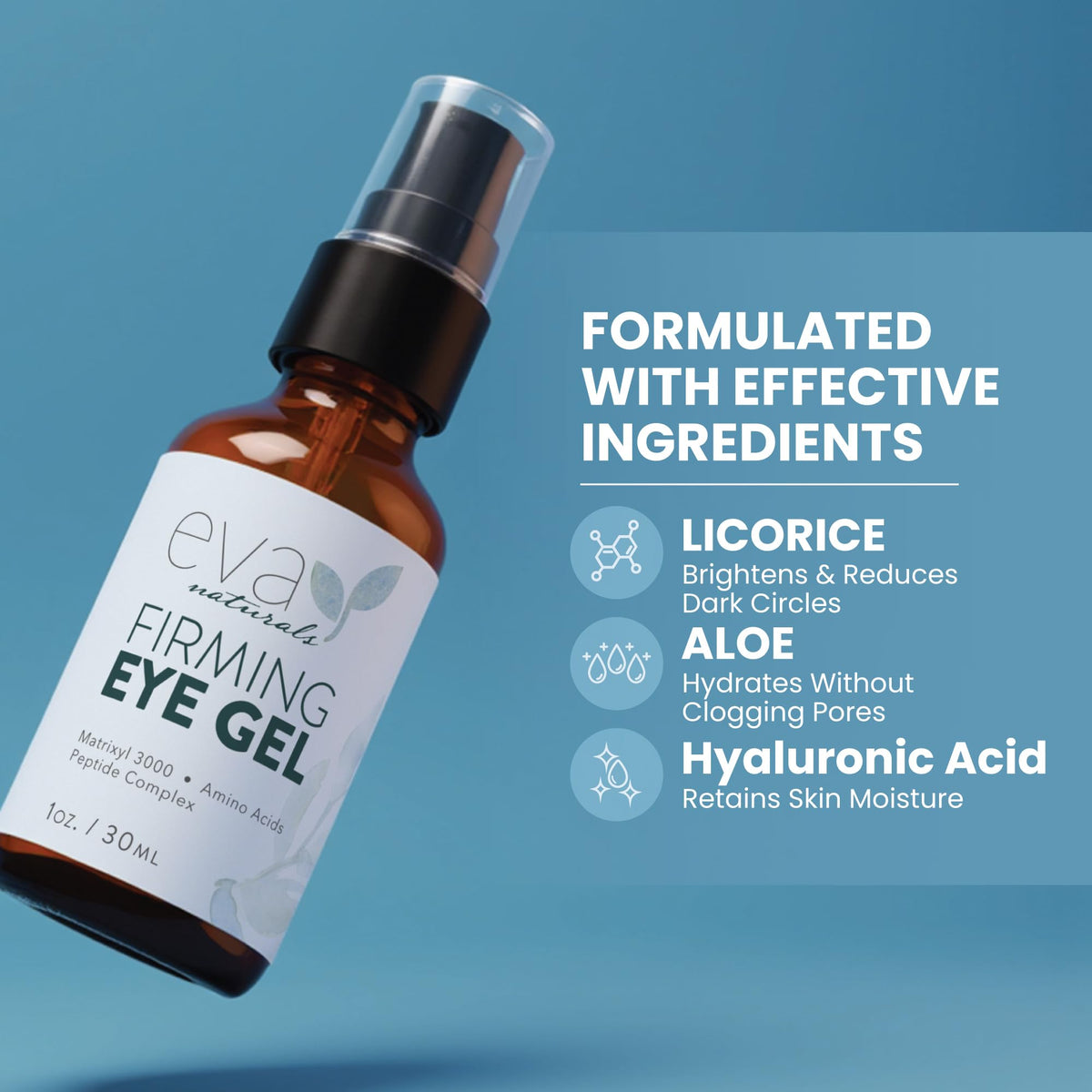 Eva Naturals Eye Gel for Dark Circles, Bags & Puffiness - Anti-Aging Peptide Serum with Hyaluronic Acid & Botanicals (1 oz)