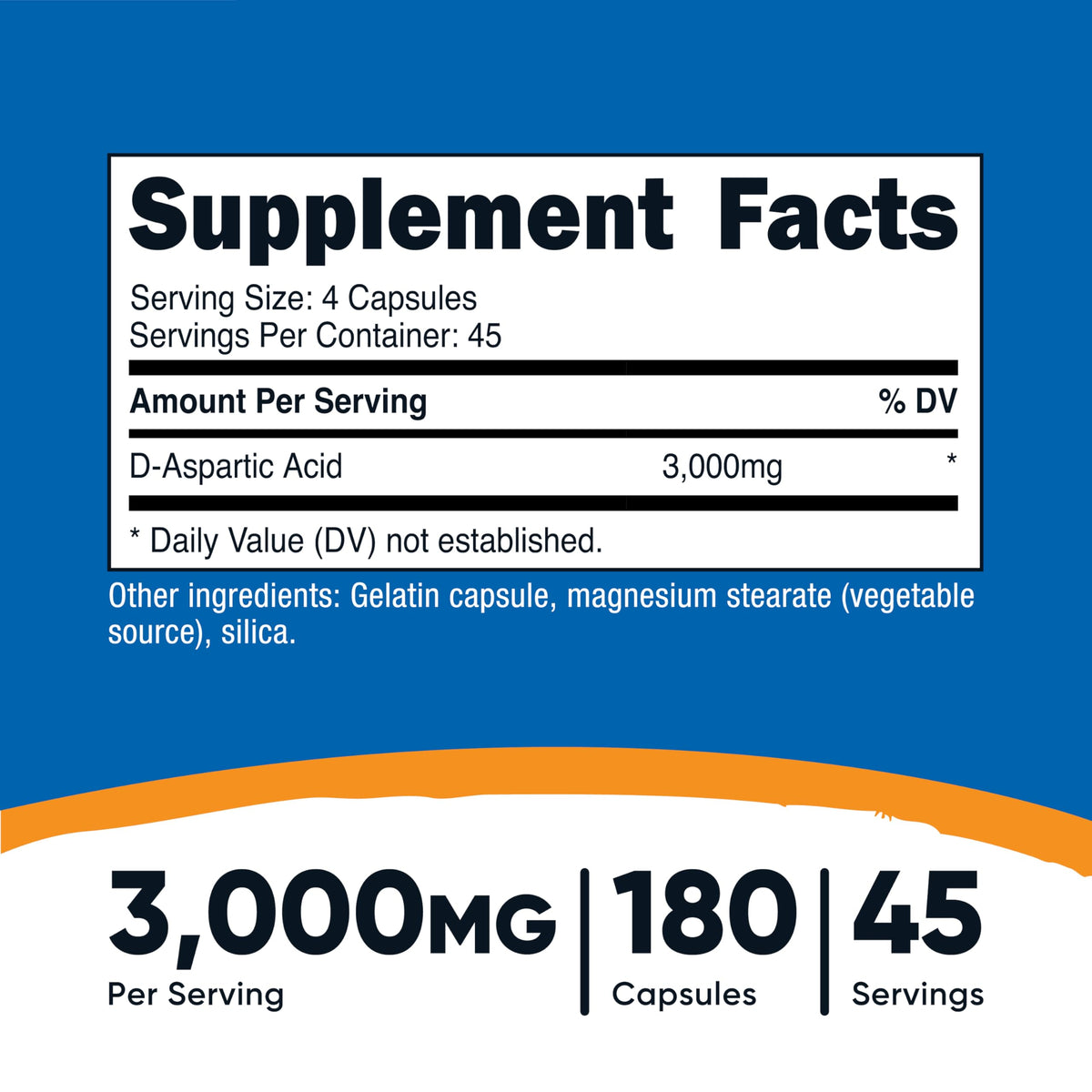 D-Aspartic Acid (DAA) 3000mg for Men - Testosterone Support & Performance Amino Acid Supplement - Nutricost (180 Capsules, Non-GMO)