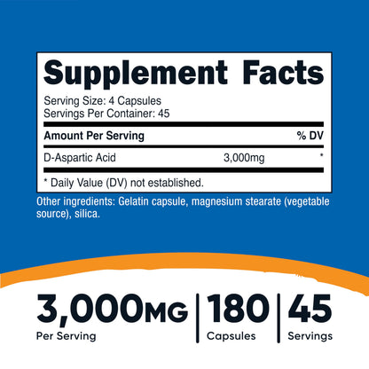 D-Aspartic Acid (DAA) 3000mg for Men - Testosterone Support & Performance Amino Acid Supplement - Nutricost (180 Capsules, Non-GMO)