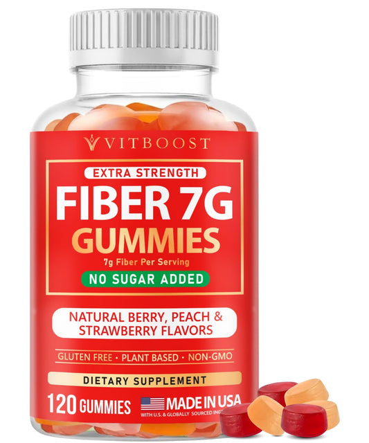 VITBOOST Prebiotic Fiber Gummies 7g - 120 Count - No Sugar Added, Vegan, Pectin-Based (No Gelatin), Non-GMO, Made in USA - Digestive & Gut Health Support