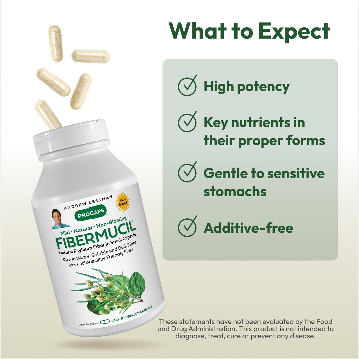 ANDREW LESSMAN Fibermucil 60 Capsules -Psyllium Husk Powder. Gently Promotes Regularity and Digestive Health. Rich in Fiber. Gentle, Easy, Effective. No Additives. Small Easy to Swallow Capsules