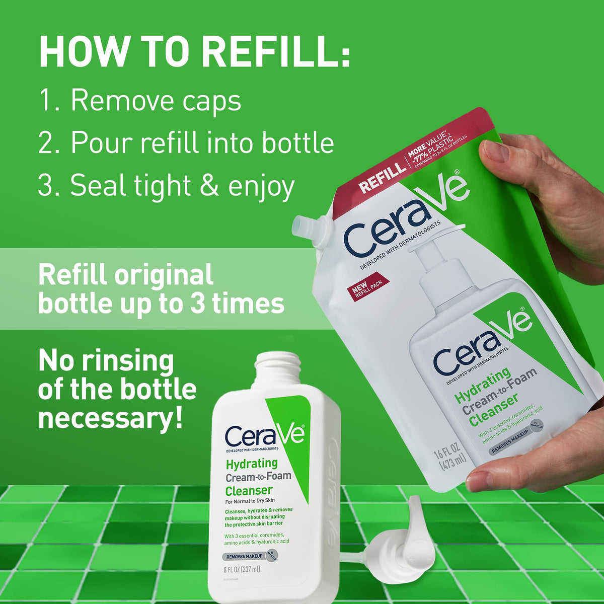 CeraVe Hydrating Cream To Foam Cleanser, Makeup Remover Face Wash For Dry Skin, Foaming Facial Cleanser With Hyaluronic Acid, Normal To Dry Skin, Fragrance Free & Non Comedogenic, 16 Ounce Refill