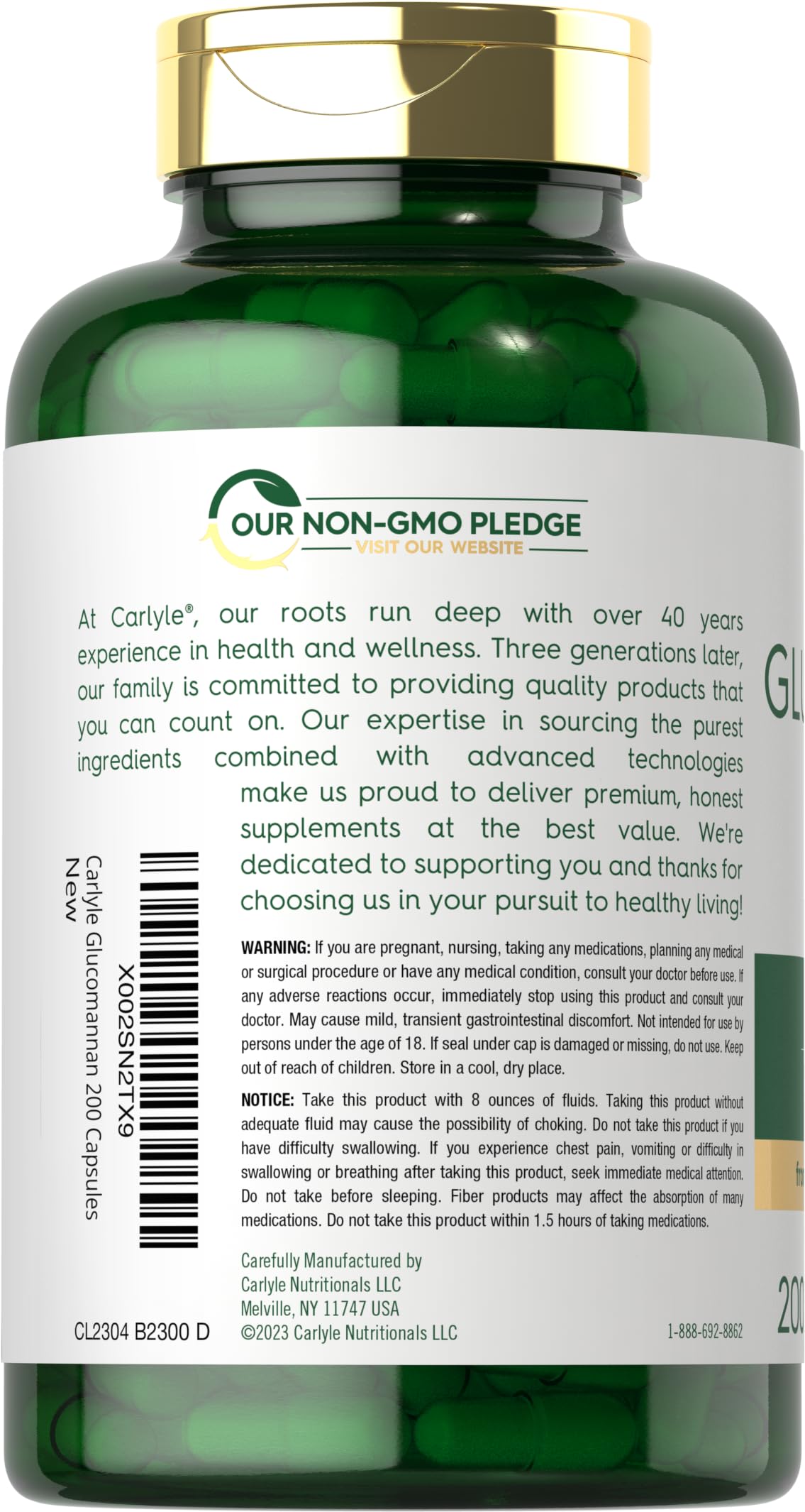 Carlyle Glucomannan Capsules - 200 Count - from Konjac Root - Soluble Fiber Pills - Non-GMO, Gluten Free Supplement