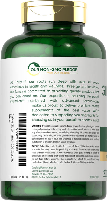 Carlyle Glucomannan Capsules - 200 Count - from Konjac Root - Soluble Fiber Pills - Non-GMO, Gluten Free Supplement
