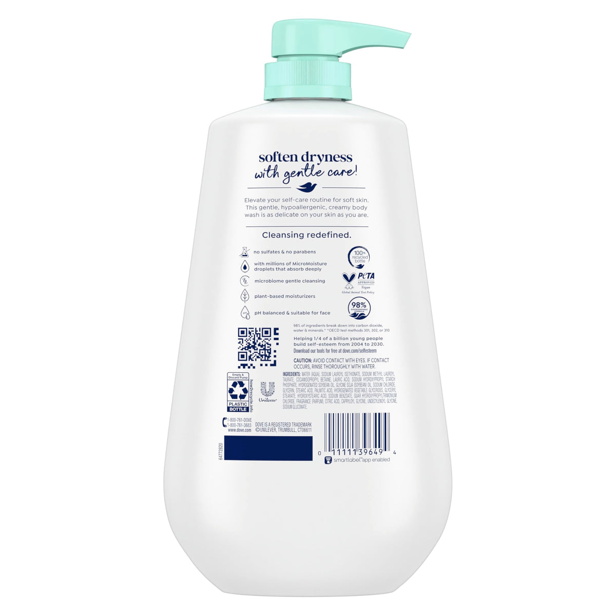 Dove Sensitive Skin Body Wash with Pump, 24hr Moisturizing Gentle Hypoallergenic Cleanser 30.6 oz