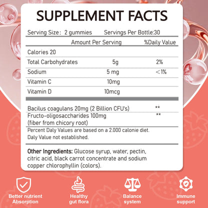 Vikaywoo Probiotic Fiber Gummies for Adults, No Sugar Added Strawberry Flavor– 2 Billion CFUs –Vitamin C,Vitamin D–Digestive Health & Regularity Support(120 Count)