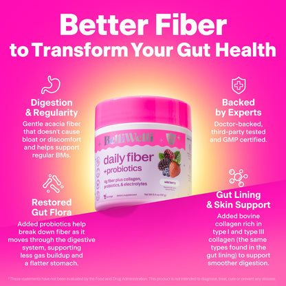 Belli Welli Fiber Supplement for Women & Men - Premium Daily Fiber Powder from Organic Acacia with Added Collagen, Electrolytes & Probiotics - No Bloat, Constipation & Gut Health Support (Wild Berry)